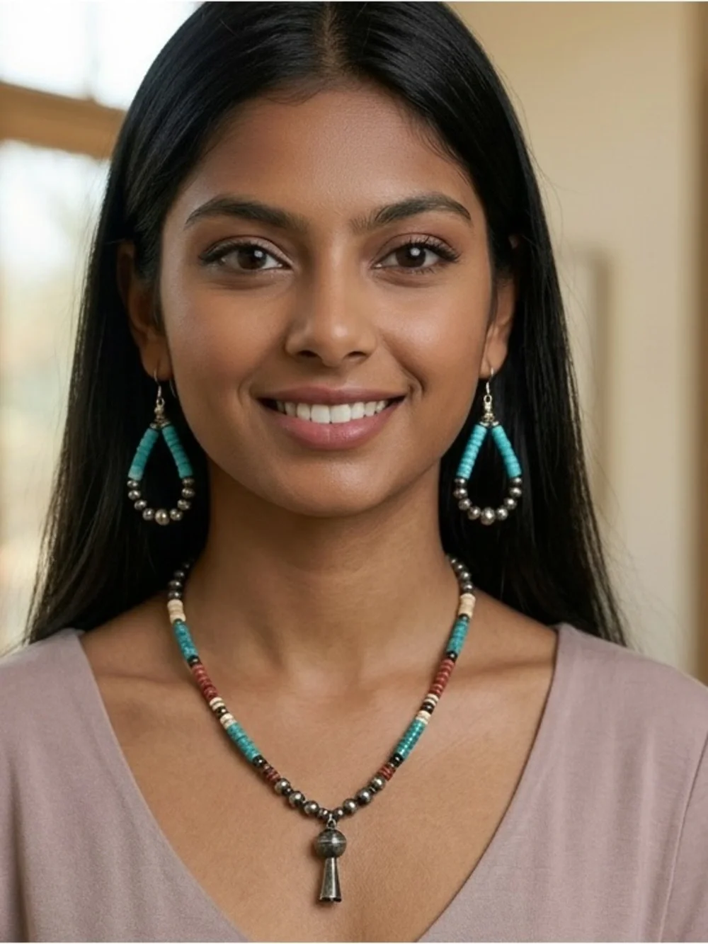 Turquoise Sterling Silver Navajo Pearls Squash Blossom Bell Pendant Necklace - Picture 4 of 8